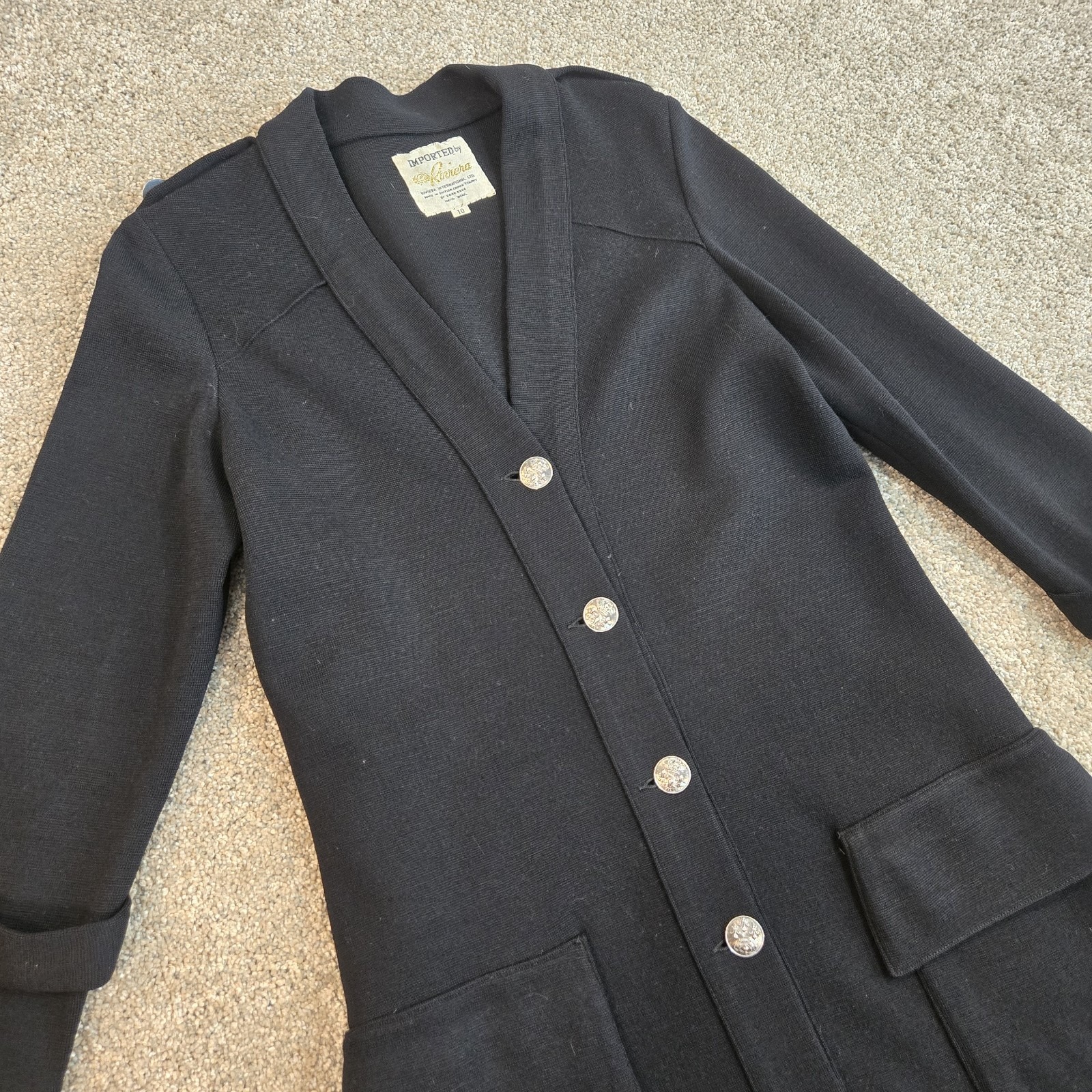 Vintage Riviera 100% Wool Black Cardigan Sweater Womans Size 10 Sliver Buttons